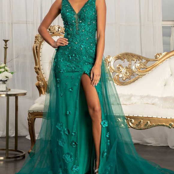 Rhinestone Embellished Mesh Mermaid Dress w/ 3-D Flower and Detached Layer G3011